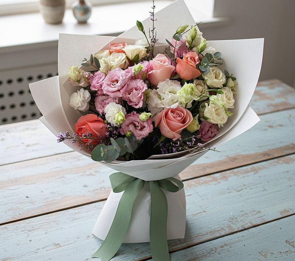 Букет цветов из: Розы, Лизиантусы и Гвоздики в Бичуре